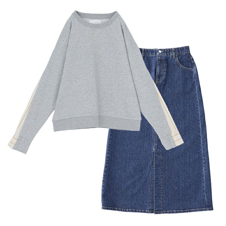 袖ストライプ切替スウェット×ストレッチデニムナロースカートコーデ2点SET【30】 スカート(S~M) スウエット(1) 袖ストライプ切替スウェット×ストレッチデニムナロースカートコーデ2点SET【30】 スカート(S~M) スウエット(1)