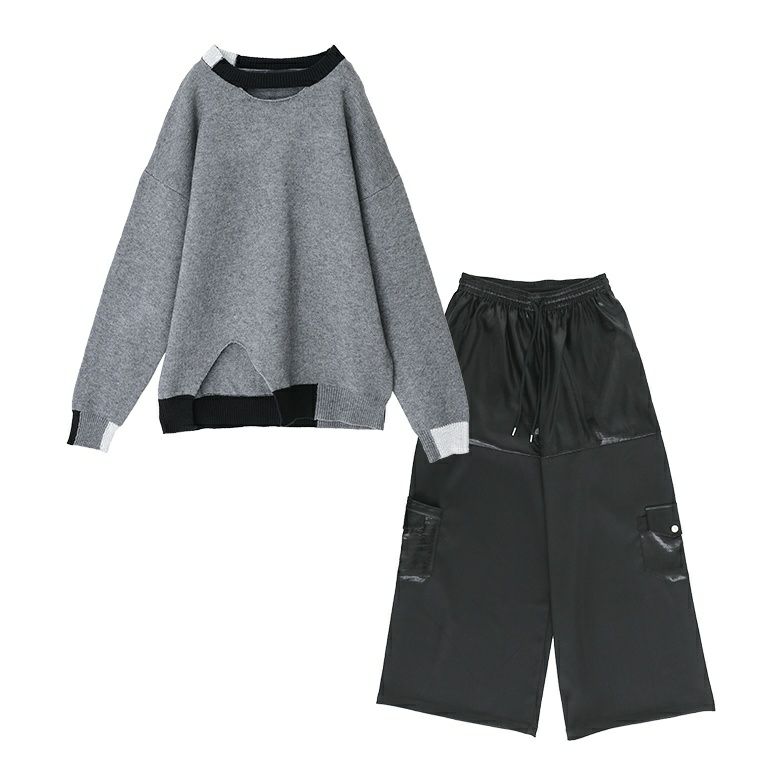 配色ラメ切替アシメニット×異素材デザインワイドパンツコーデ2点SET【30】 ニット(1) パンツ(1) 配色ラメ切替アシメニット×異素材デザインワイドパンツコーデ2点SET【30】 ニット(1) パンツ(1)