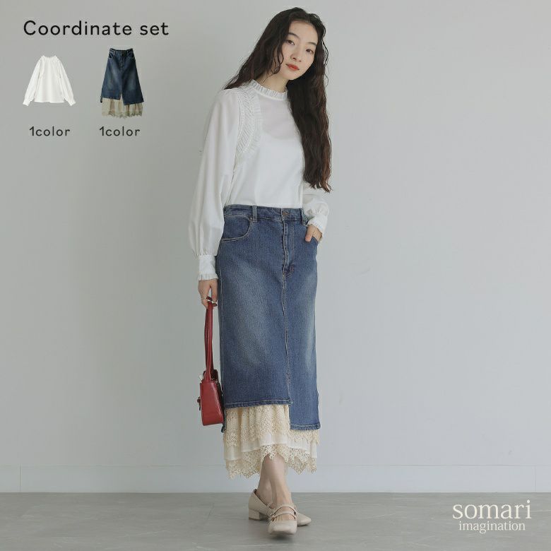 ショルダーギャザーブラウス×レースライナーアシメデニムスカートコーデ2点SET