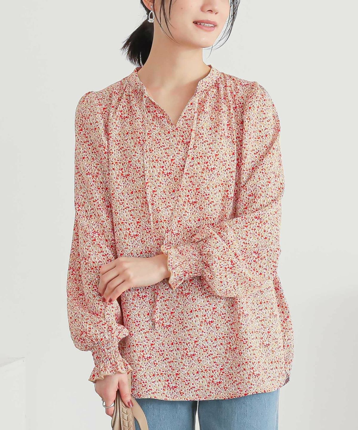 小花柄スキッパーブラウス 1 レッド 小花柄スキッパーブラウス 1 レッド