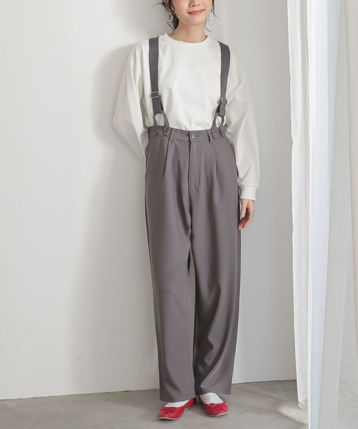 サスペンダー付きツイルハイウエストパンツ 1 チャコール サスペンダー付きツイルハイウエストパンツ 1 チャコール