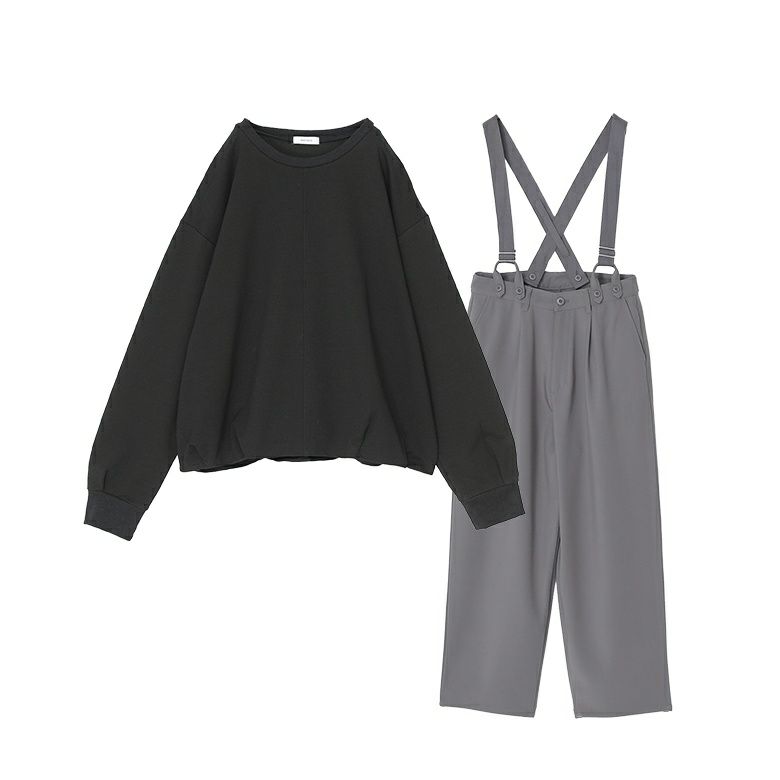 サスペンダー付きツイルハイウエストパンツ×ミニ裏毛タックヘムプルオーバーコーデ2点SET【40】 パンツ(1) トップス(Fサイズ) サスペンダー付きツイルハイウエストパンツ×ミニ裏毛タックヘムプルオーバーコーデ2点SET【40】 パンツ(1) トップス(Fサイズ)