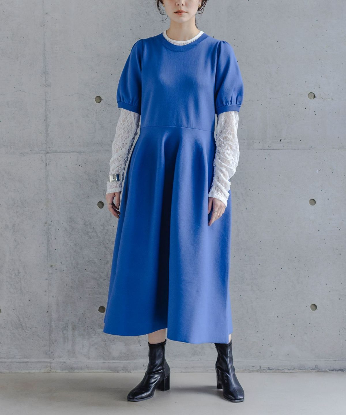 立体フレアスポンジニットワンピース【30】【SALE】 1 ブルー 立体フレアスポンジニットワンピース【30】【SALE】 1 ブルー