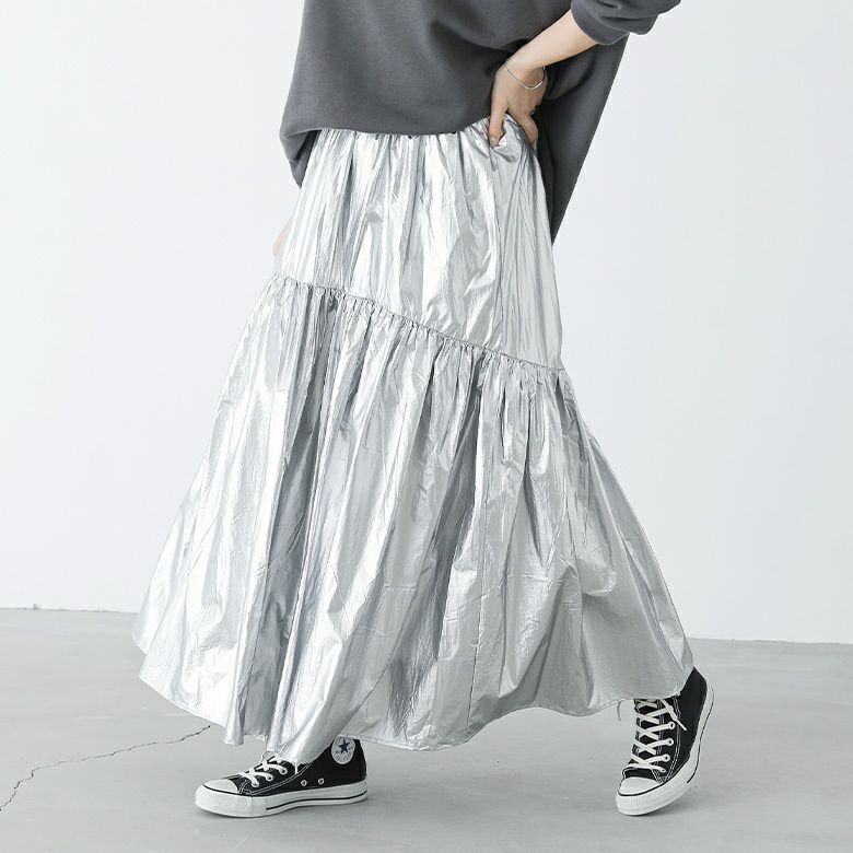 メタリックギャザーフレアスカート