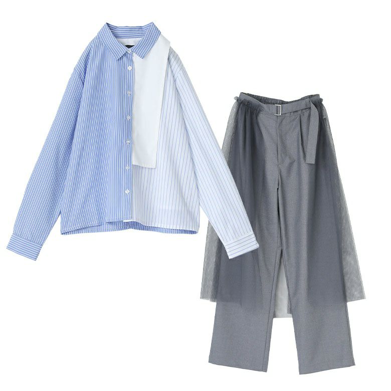 フロントラウンド配色シャツ×巻きチュールスカート付きパンツコーデ2点SET【35】 シャツ(1) パンツ(1) フロントラウンド配色シャツ×巻きチュールスカート付きパンツコーデ2点SET【35】 シャツ(1) パンツ(1)