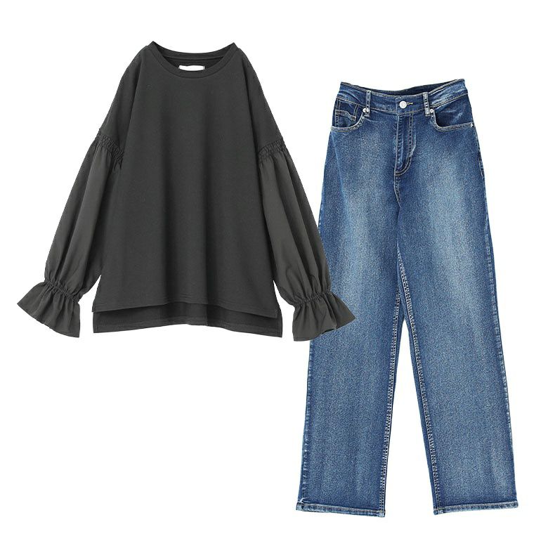 異素材キャンディースリーブスウェット×お腹すっきりデニムパンツコーデ2点SET【30】 パンツ(S) トップス(Fサイズ) 異素材キャンディースリーブスウェット×お腹すっきりデニムパンツコーデ2点SET【30】 パンツ(S) トップス(Fサイズ)