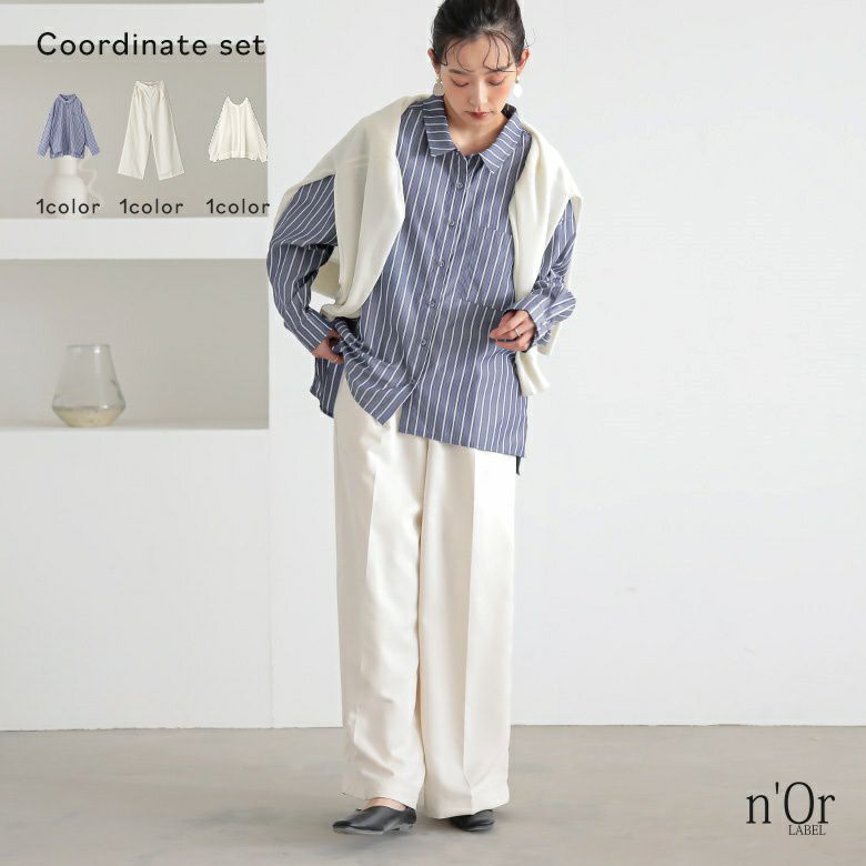 サイドラインストライプシャツ×タックワイドスラックス×前後2wayシアーニットカーディガンコーデ3点SET