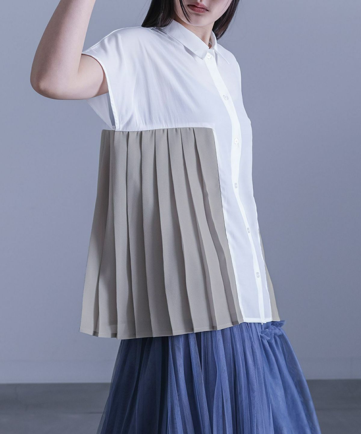サイド異素材プリーツシャツ【SALE】 1 オフホワイト サイド異素材プリーツシャツ【SALE】 1 オフホワイト