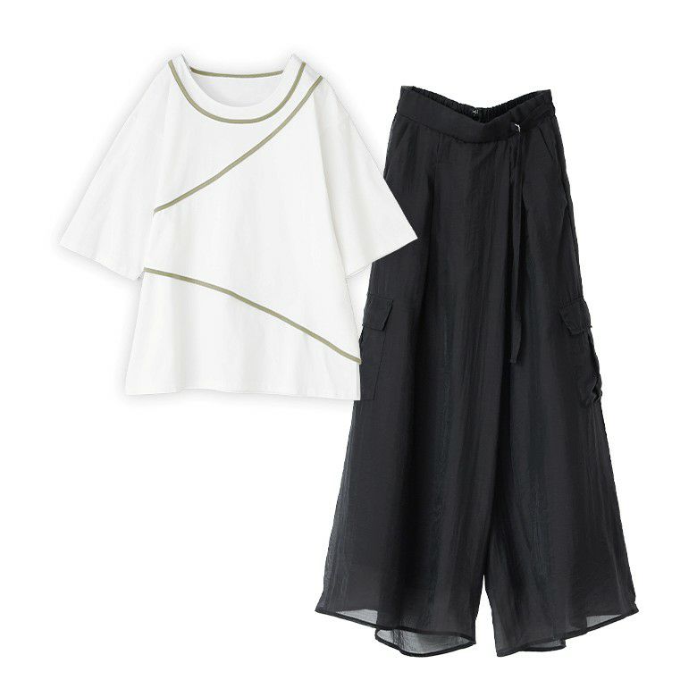 パイピングカットソー×シアーワイドカーゴパンツコーデ2点SET【20】 パンツ(1) カットソー(1) パイピングカットソー×シアーワイドカーゴパンツコーデ2点SET【20】 パンツ(1) カットソー(1)