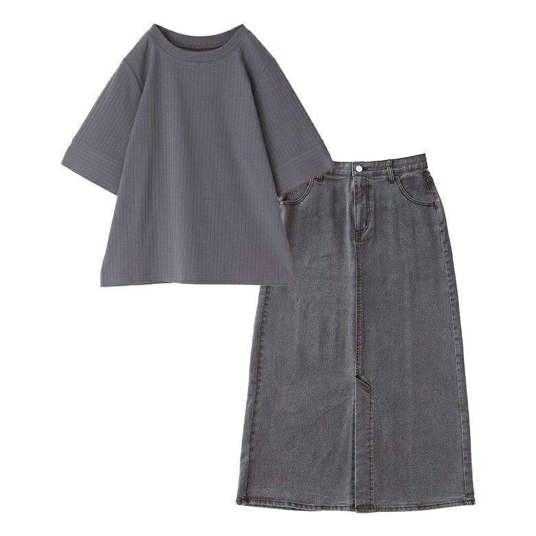 汗ジミ軽減ワイドリブカットソー×ストレッチデニムナロースカートコーデ2点SET【20】 スカート(S~M) カットソー(1) 汗ジミ軽減ワイドリブカットソー×ストレッチデニムナロースカートコーデ2点SET【20】 スカート(S~M) カットソー(1)