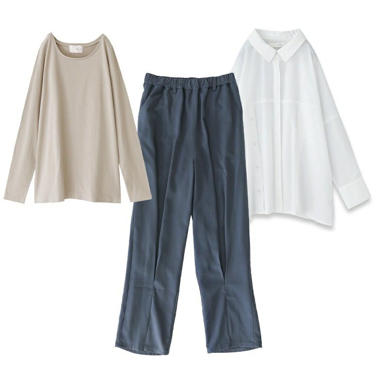 フロントスリットテーパードパンツ×シンプルクルーネックロンT×カシュクールアレンジシャツコーデ3点SET【45】 ロンT(M) パンツ(1) フロントスリットテーパードパンツ×シンプルクルーネックロンT×カシュクールアレンジシャツコーデ3点SET【45】 ロンT(M) パンツ(1)