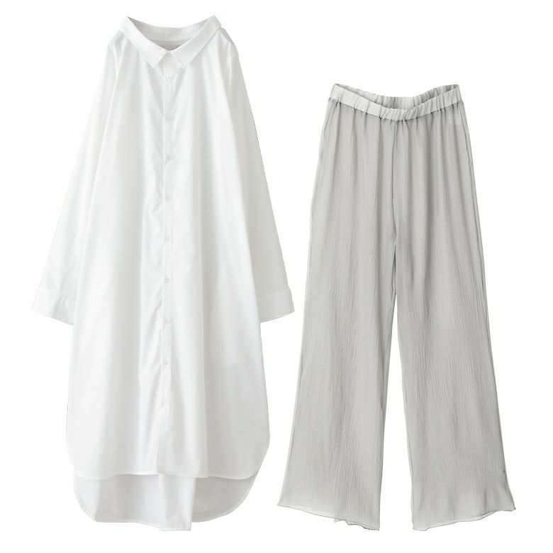 クレープシフォンレギンス×シンプルシャツワンピースコーデ2点SET【30】 フリーサイズ コーデSET クレープシフォンレギンス×シンプルシャツワンピースコーデ2点SET【30】 フリーサイズ コーデSET