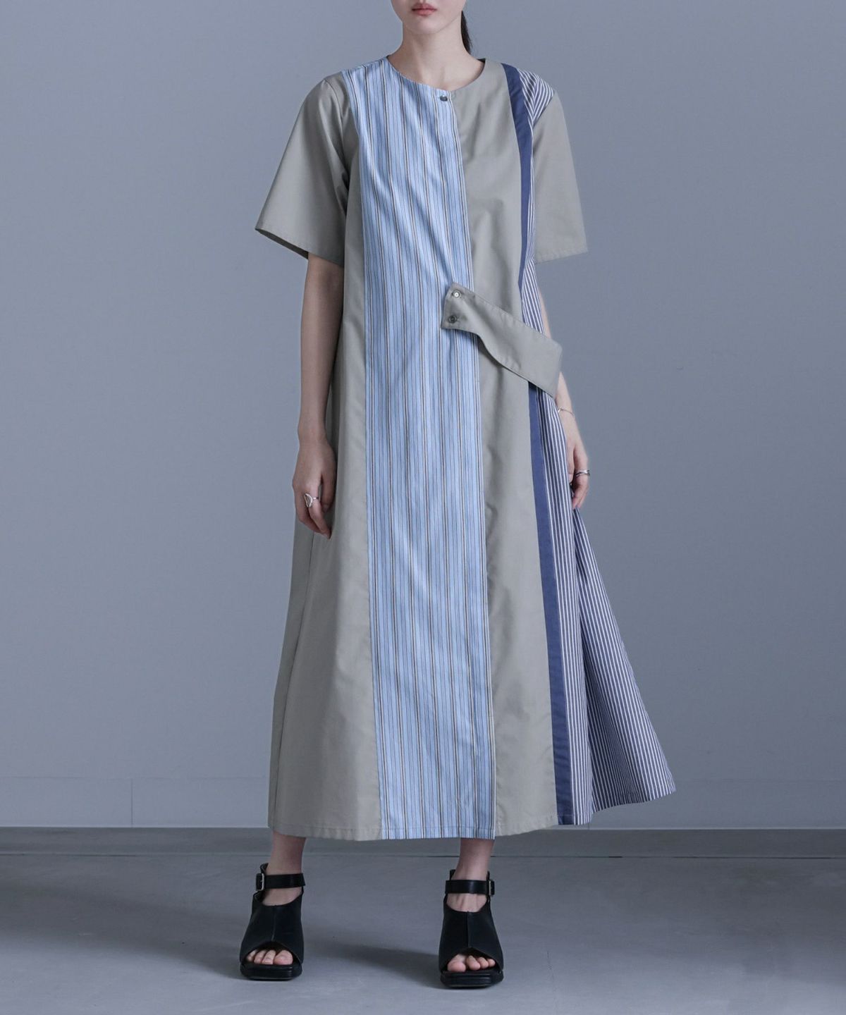 無地×ストライプ切替ワンピース【SALE】 1 グレー 無地×ストライプ切替ワンピース【SALE】 1 グレー