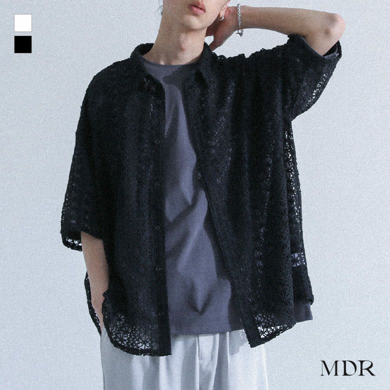 MDR(エムディアール)透かし柄編み半袖シャツ