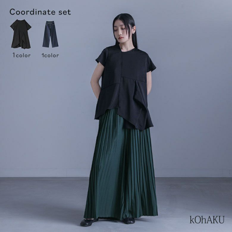 アシメドレープフレンチスリーブブラウス×プリーツワイドパンツコーデ2点SET