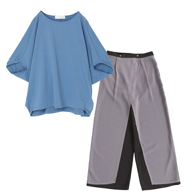 冷感キープドルマン5分袖カットソー×配色シアードッキングワイドパンツコーデ2点SET【15】 パンツ1(M~L) カットソー(Fサイズ) 冷感キープドルマン5分袖カットソー×配色シアードッキングワイドパンツコーデ2点SET【15】 パンツ1(M~L) カットソー(Fサイズ)