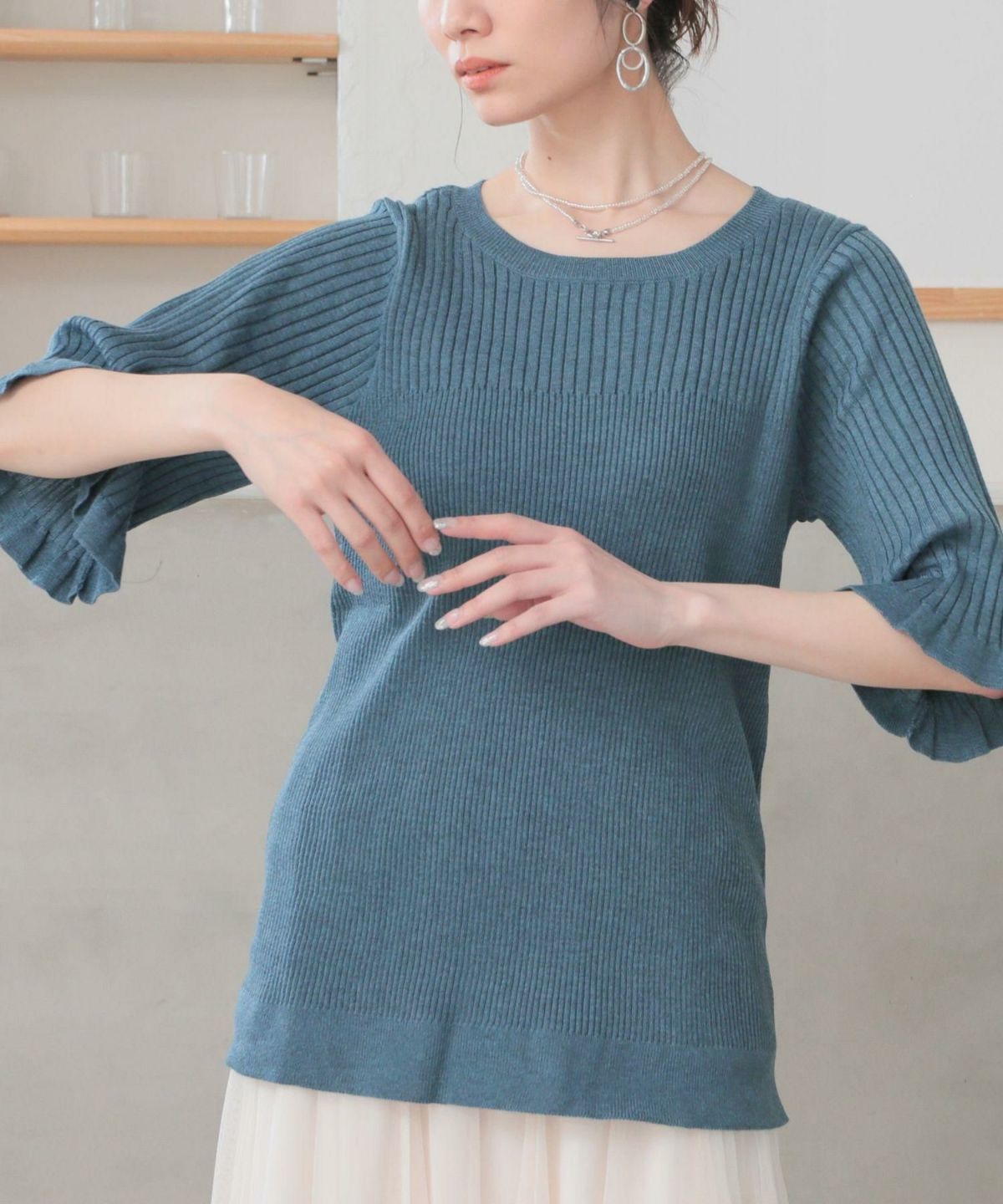 nOrLABEL袖フリル半袖リブニット 1 ブルー nOrLABEL袖フリル半袖リブニット 1 ブルー