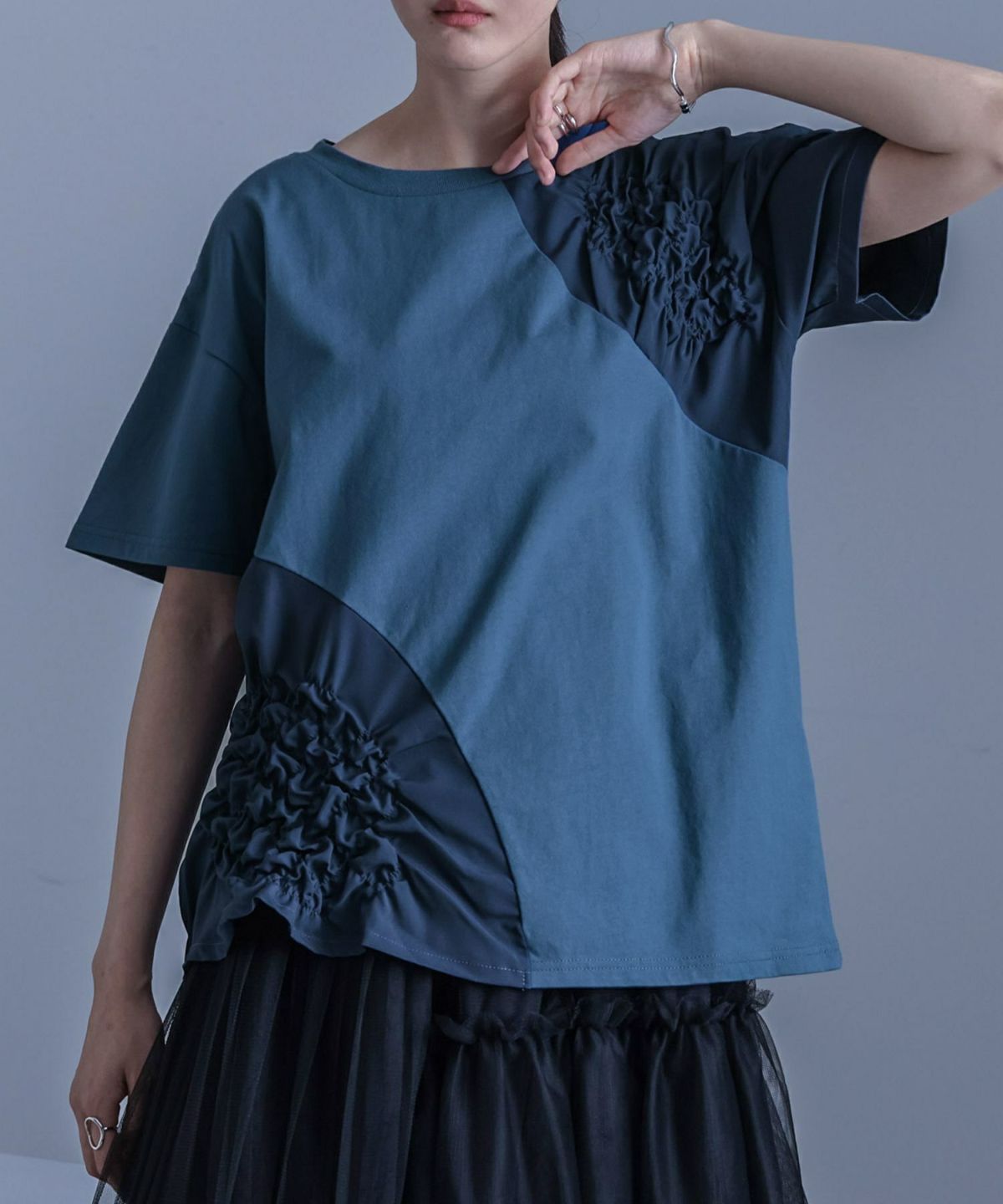 異素材シャーリング切替カットソー【SALE】 1 ブルー 異素材シャーリング切替カットソー【SALE】 1 ブルー