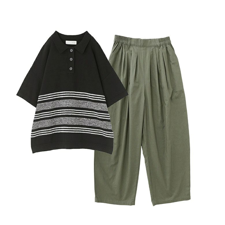 ミックス編みボーダーポロニット×綿麻混冷感バレルレッグパンツコーデ2点SET【30】 トップス(1) パンツ(1) ミックス編みボーダーポロニット×綿麻混冷感バレルレッグパンツコーデ2点SET【30】 トップス(1) パンツ(1)