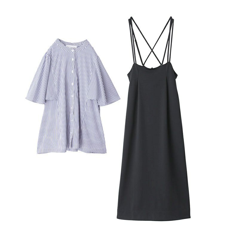 Wストラップキャミワンピース×ストライプ柄フレアスリーブブラウスコーデ2点SET【25】 ワンピース(1) ブラウス1(M~L) Wストラップキャミワンピース×ストライプ柄フレアスリーブブラウスコーデ2点SET【25】 ワンピース(1) ブラウス1(M~L)