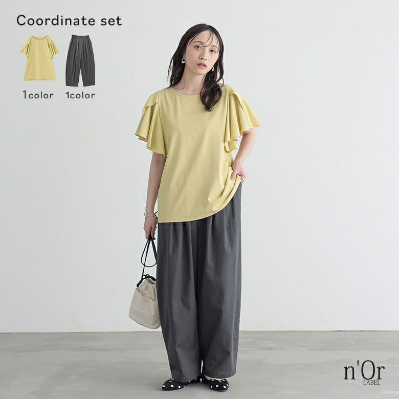 袖フレアカットソー×綿麻混冷感バレルレッグパンツコーデ2点SET