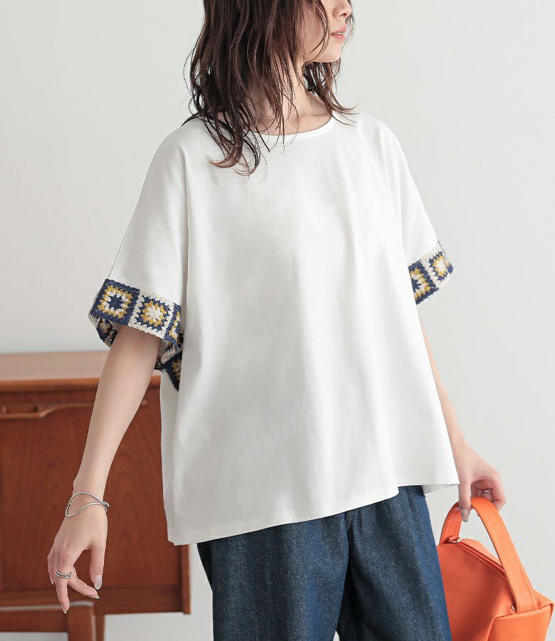 ニットモチーフ袖Tシャツ フリーサイズ オフホワイト ニットモチーフ袖Tシャツ フリーサイズ オフホワイト