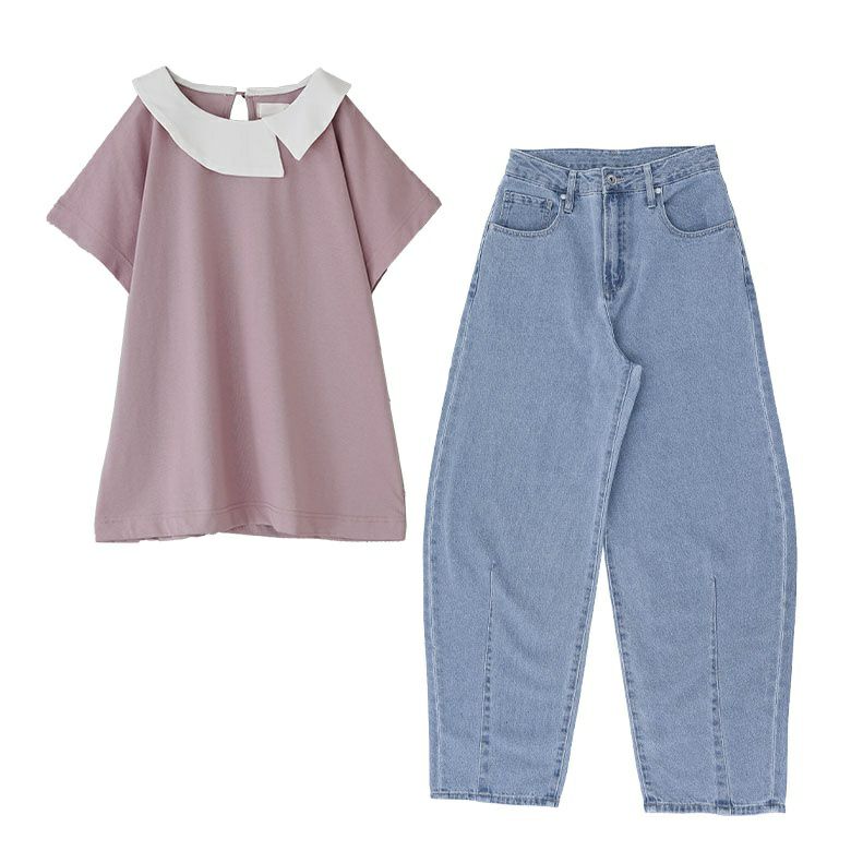 接触冷感配色デザイン襟カットソー×カーブシルエットデニムコーデ2点SET【30】 パンツ(Sサイズ) カットソー(1) 接触冷感配色デザイン襟カットソー×カーブシルエットデニムコーデ2点SET【30】 パンツ(Sサイズ) カットソー(1)