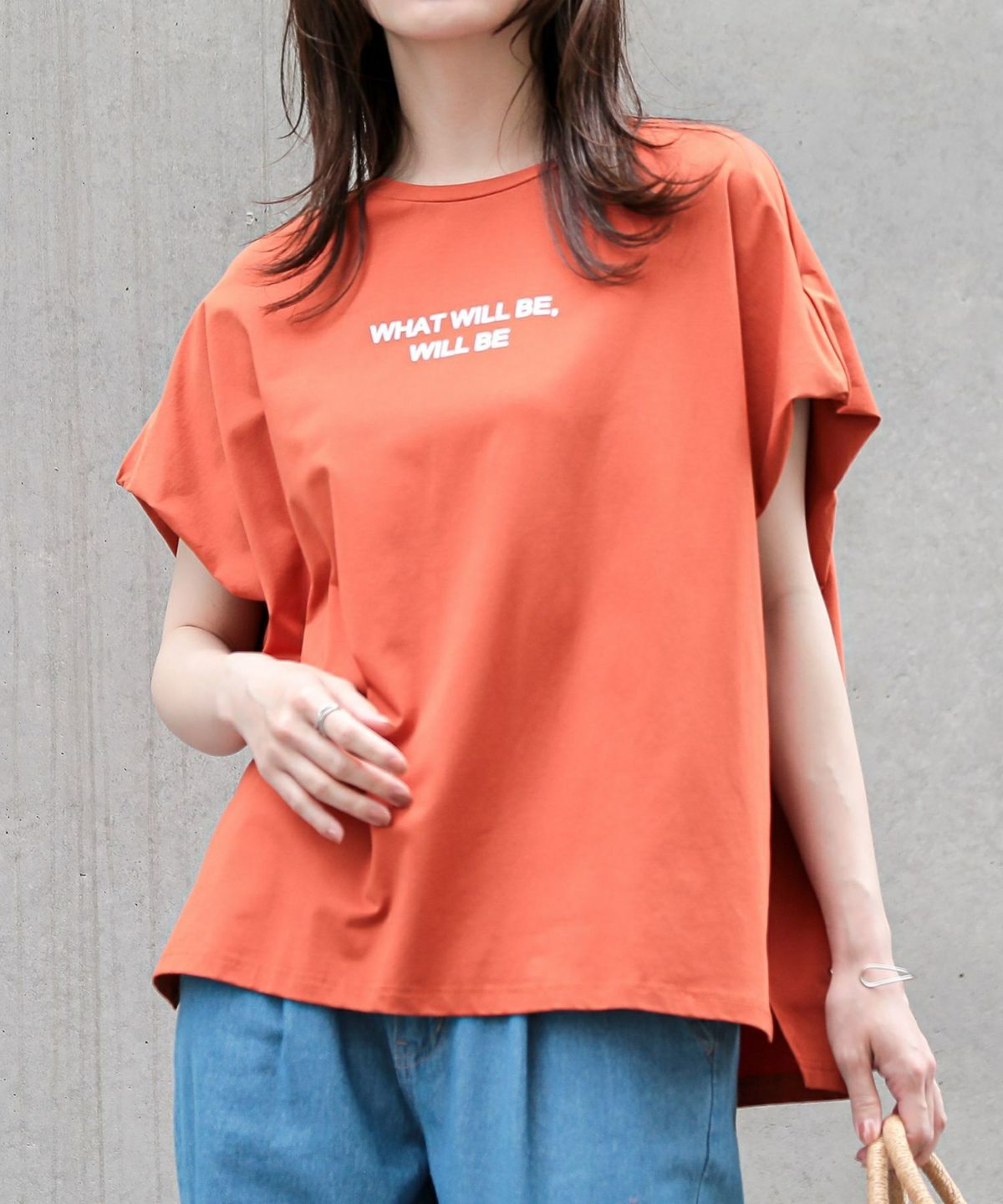 接触冷感フレンチスリーブロゴプリントTシャツ フリーサイズ オレンジ 接触冷感フレンチスリーブロゴプリントTシャツ フリーサイズ オレンジ