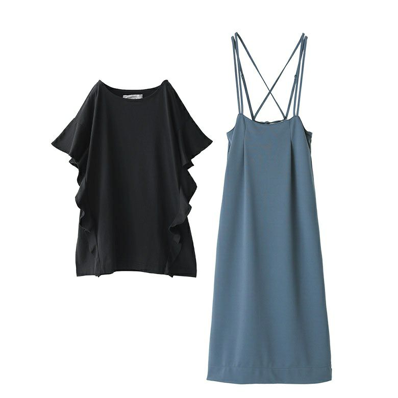 Wストラップキャミワンピース×コットンフリルTシャツコーデ2点SET【30】 Tシャツ1(M~L) キャミワンピース(1) Wストラップキャミワンピース×コットンフリルTシャツコーデ2点SET【30】 Tシャツ1(M~L) キャミワンピース(1)