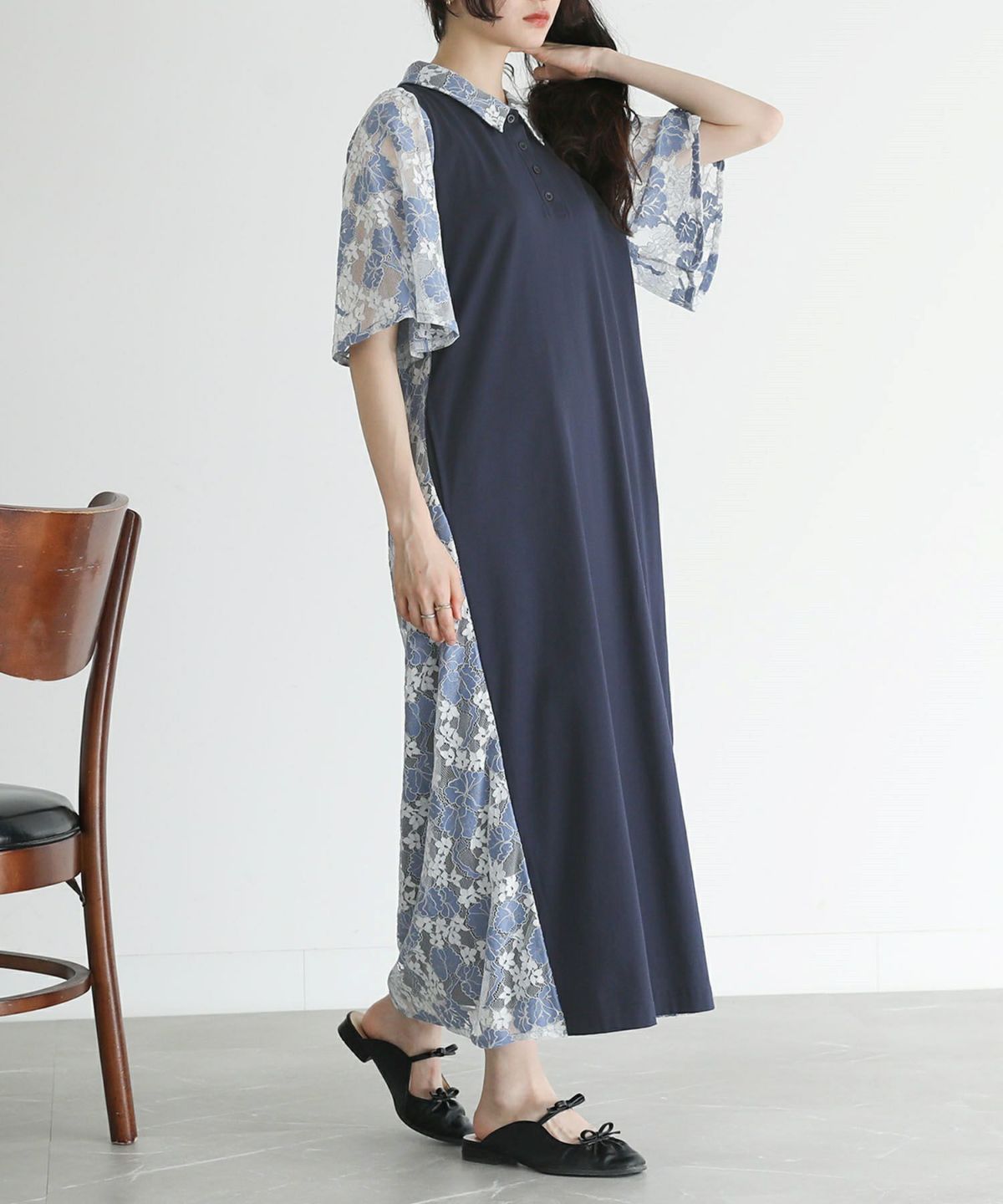 レース切り替えポロシャツワンピース【20】【SALE】 1 ネイビー レース切り替えポロシャツワンピース【20】【SALE】 1 ネイビー