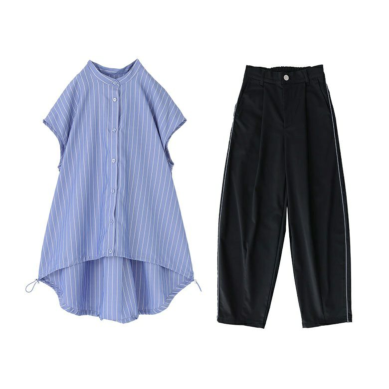 裾ドロストストライプシャツ×サイドライン入り接触冷感カーブパンツコーデ2点SET【40】 シャツ(1) パンツ(1) 裾ドロストストライプシャツ×サイドライン入り接触冷感カーブパンツコーデ2点SET【40】 シャツ(1) パンツ(1)