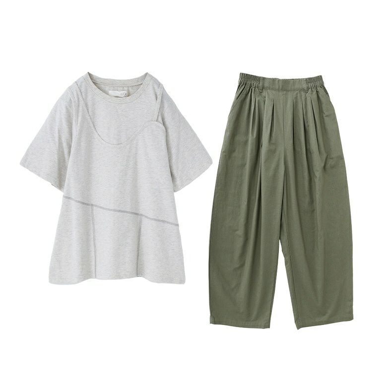 レイヤード風アシメカットソー×綿麻混冷感バレルレッグパンツコーデ2点SET【20】 カットソー(1) パンツ(1) レイヤード風アシメカットソー×綿麻混冷感バレルレッグパンツコーデ2点SET【20】 カットソー(1) パンツ(1)