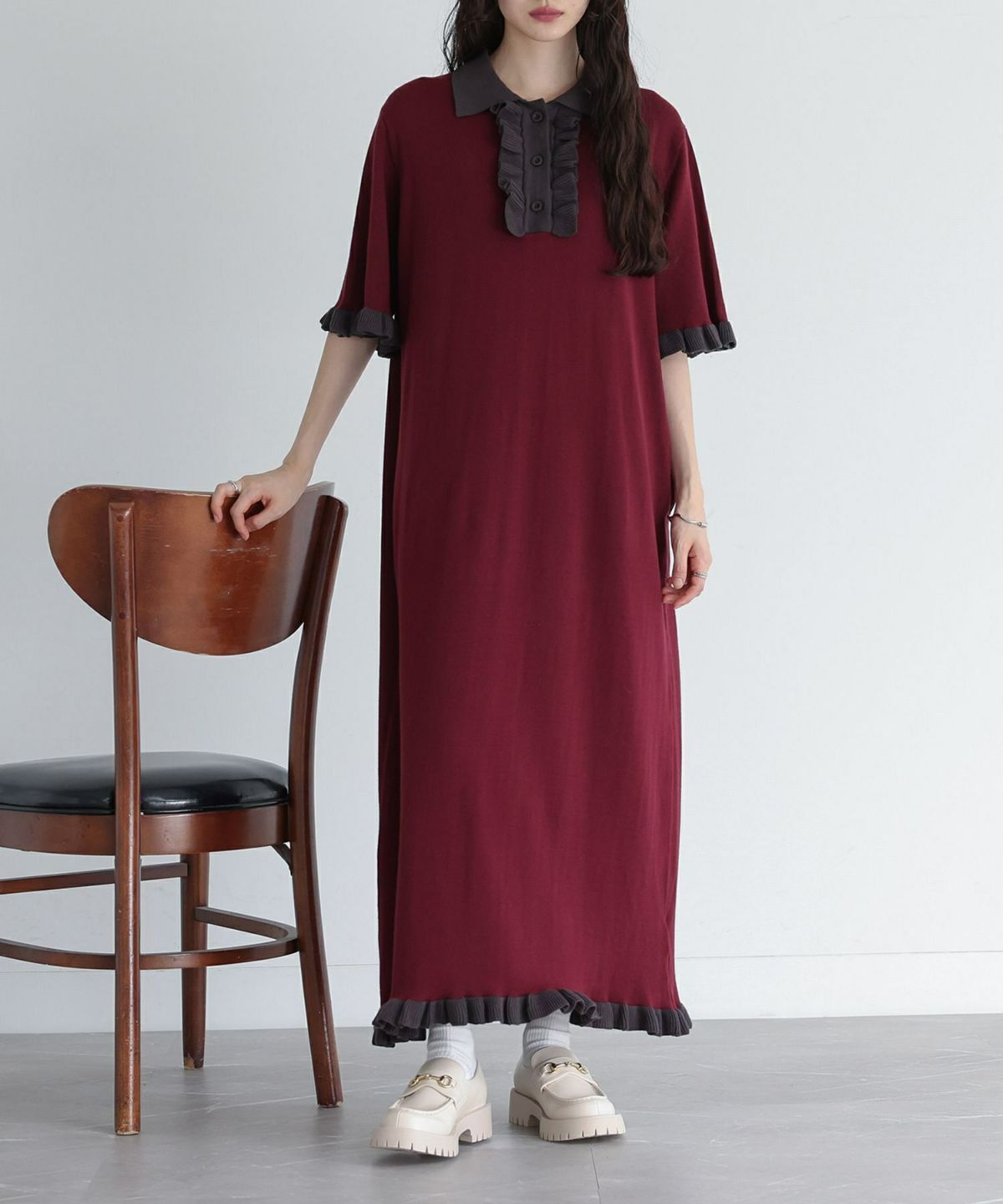 配色ニットポロワンピース【30】 1 ボルドー 配色ニットポロワンピース【30】 1 ボルドー
