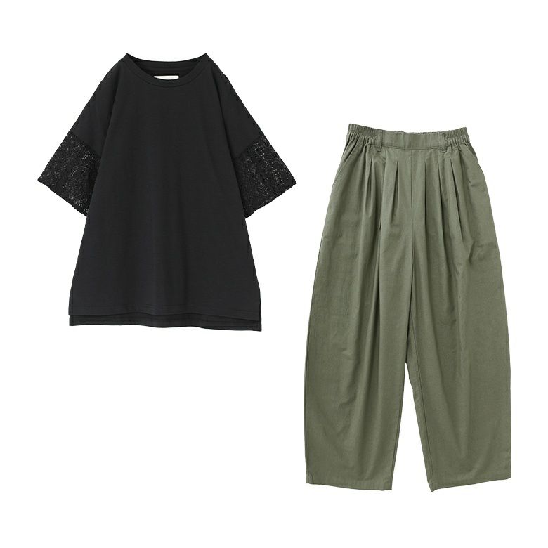 レーススリーブカットソー×綿麻混冷感バレルレッグパンツコーデ2点SET【20】 カットソー(1) パンツ(1) レーススリーブカットソー×綿麻混冷感バレルレッグパンツコーデ2点SET【20】 カットソー(1) パンツ(1)