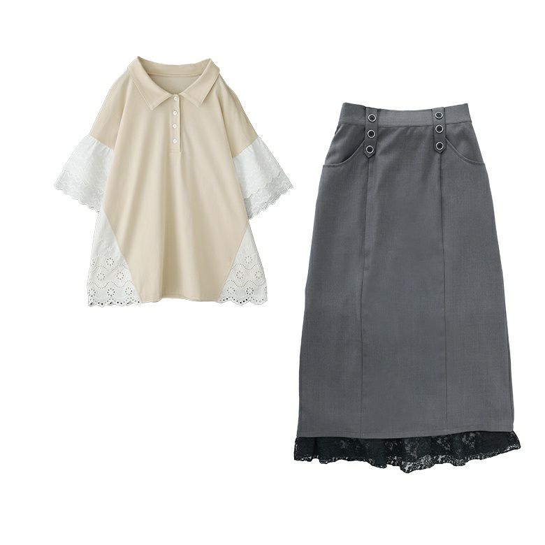 【送料無料】『コットンレース切り替えポロカットソー×レースペチ付きナロースカートコーデ2点SET』【メール便不可】【40】[2点コーデセット 2025 レディース カットソー トップス ポロシャツ ナロースカート ロング] コットンレース切り替えポロカットソー×レースペチ付きナロースカート