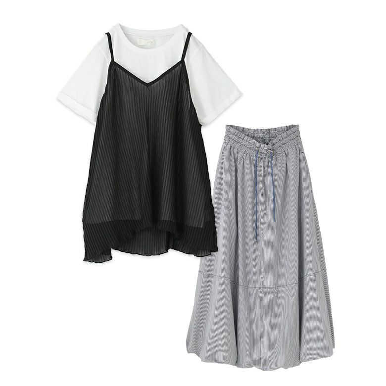ウエストドロストストライプバルーンスカート×シアープリーツキャミ×Tシャツコーデ2点SET【40】 キャミ×Tシャツ(1) スカート(Fサイズ) ウエストドロストストライプバルーンスカート×シアープリーツキャミ×Tシャツコーデ2点SET【40】 キャミ×Tシャツ(1) スカート(Fサイズ)