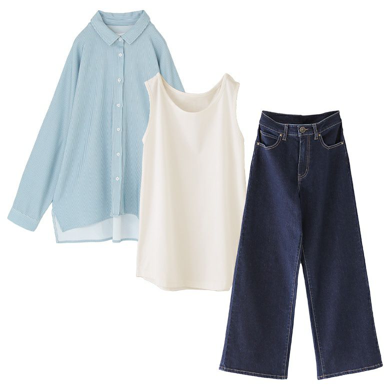 ストライプカットソーシャツ×シンプルコットンタンクトップ×ストレートワイドパンツコーデ3点SET【35】 パンツ(S) タンクトップ(M) ストライプカットソーシャツ×シンプルコットンタンクトップ×ストレートワイドパンツコーデ3点SET【35】 パンツ(S) タンクトップ(M)