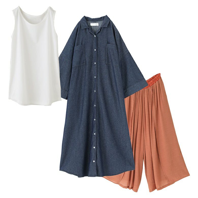 シンプルコットンタンクトップ×オープンカラーデニムワンピース×ゆるひら涼スラブパンツコーデ3点SET【55】 タンクトップ(M) ワンピース・パンツ(Fサイズ) シンプルコットンタンクトップ×オープンカラーデニムワンピース×ゆるひら涼スラブパンツコーデ3点SET【55】 タンクトップ(M) ワンピース・パンツ(Fサイズ)