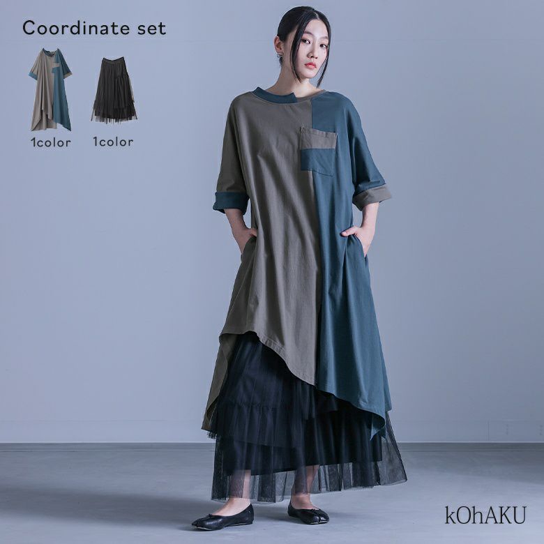 バイカラーアシメ切替ワンピース×プリーツデザインチュールスカートコーデ2点SET