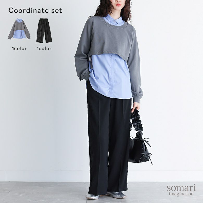 シャツドッキングニットプルオーバー×脇レースパンツコーデ2点SET