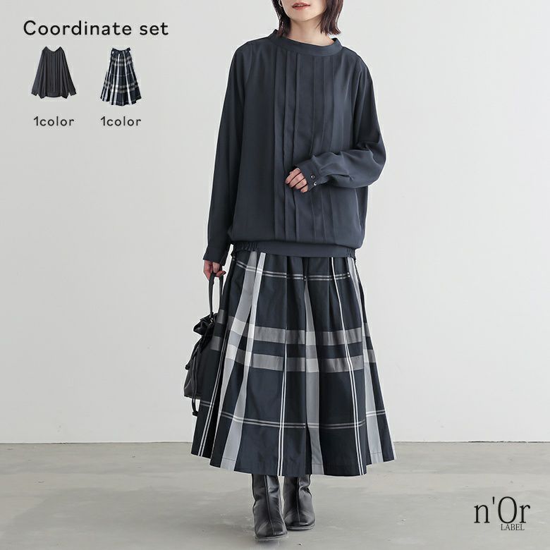 2WAYシフォンブラウス×チェック柄タックフレアスカートコーデ2点SET