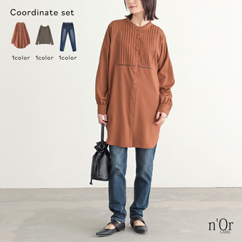 ピンタックはしごレースブラウス×吸湿発熱ラウンドネックロンT×ストレッチボーイフレンドデニムコーデ3点SET