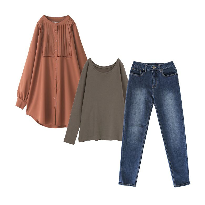 【送料無料】『ピンタックはしごレースブラウス×吸湿発熱ラウンドネックロンT×ストレッチボーイフレンドデニムコーデ3点SET』【メール便不可】【30】[3点コーデセット 2025 レディース ブラウス Tシャツ デニム] ピンタックはしごレースブラウス×吸湿発熱ロンT×ストレッチボーイ