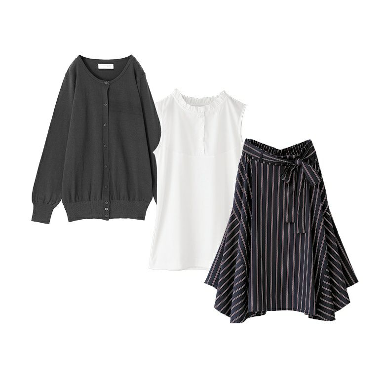 【送料無料】『クラシカルストライプスカート×シンプルUネックニットカーディガン×フリル襟インナータンクトップコーデ3点SET』【メール便不可】【35】[3点コーデセット 2025 レディース カーデ タンク スカート] クラシカルストライプスカート×Uネックニットカーディガン×フリル襟