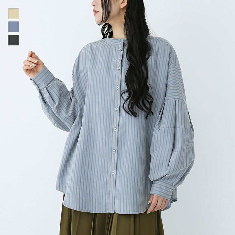 ポワン袖ストライプブラウス