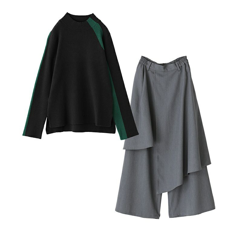 配色ラインリブニット×アシンメトリーレイヤーパンツコーデ2点SET』