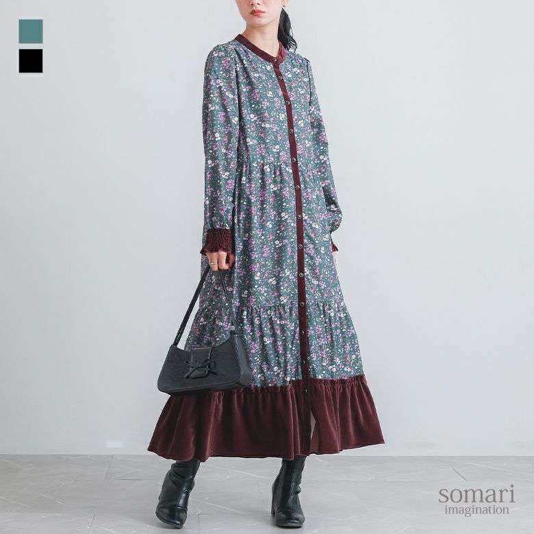 極美品　FAVORI ベロア花柄　シアー　ワンピース mystic ワンピース 「森川企画」花柄ベロアワンピース