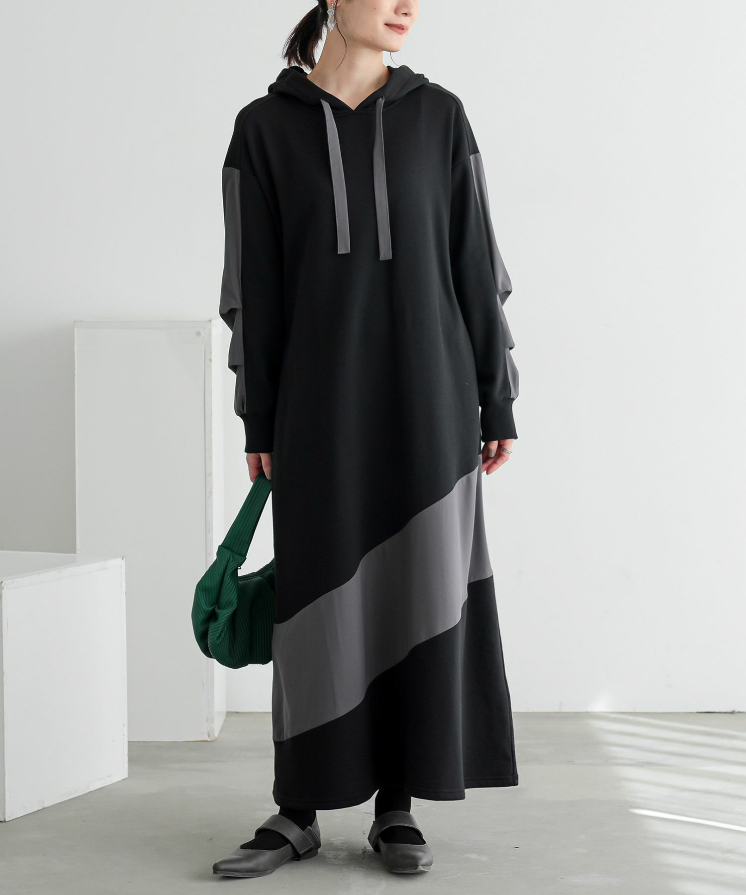 n'OrLABEL異素材切替フード付きワンピース』