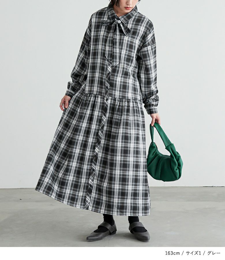 n'OrLABELボウタイ付きチェックワンピース』