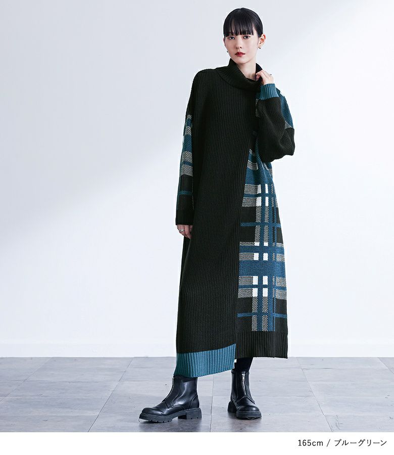 バックチェック切替タートルニットワンピース セール】バックチェック切替タートルニットワンピース（ワンピース